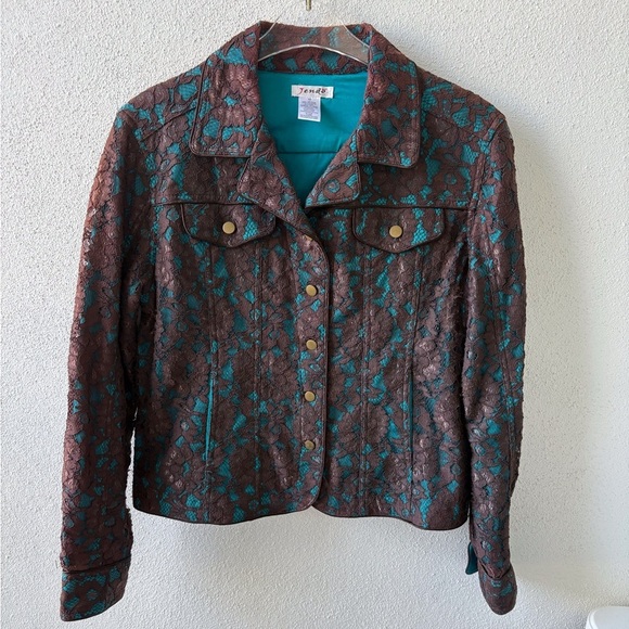 Jendo Brown lace over turquoise button up Jacket Size 12 Slit pockets - Picture 1 of 11
